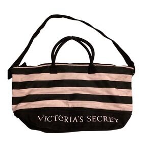 Victorias Secret Pink Black Stripe Duffel Bag Weekender Travel Gym Tote Large